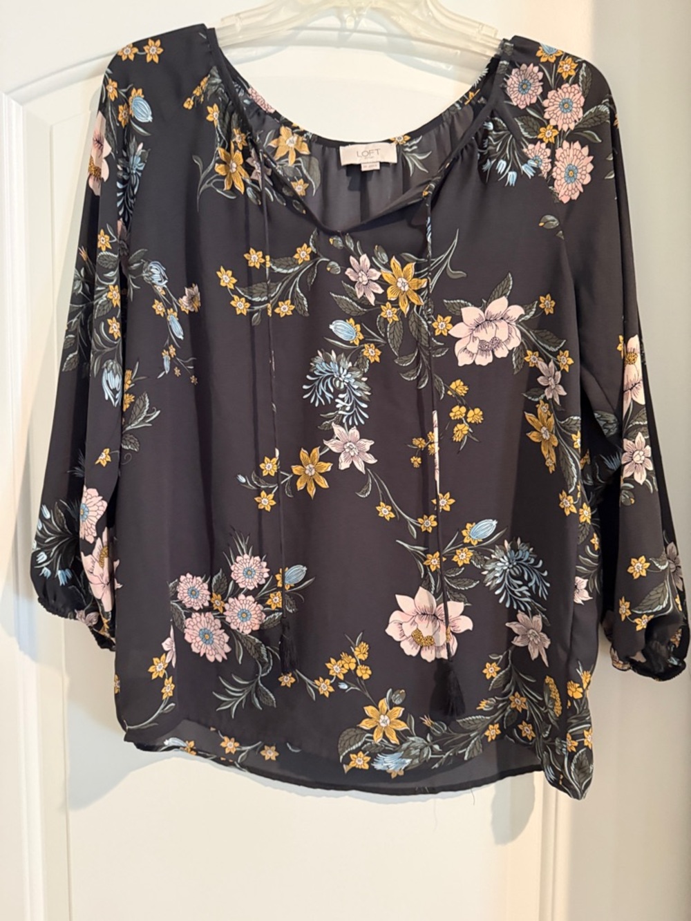 LOFT Navy Black Floral Tie-Front Peasant Blouse